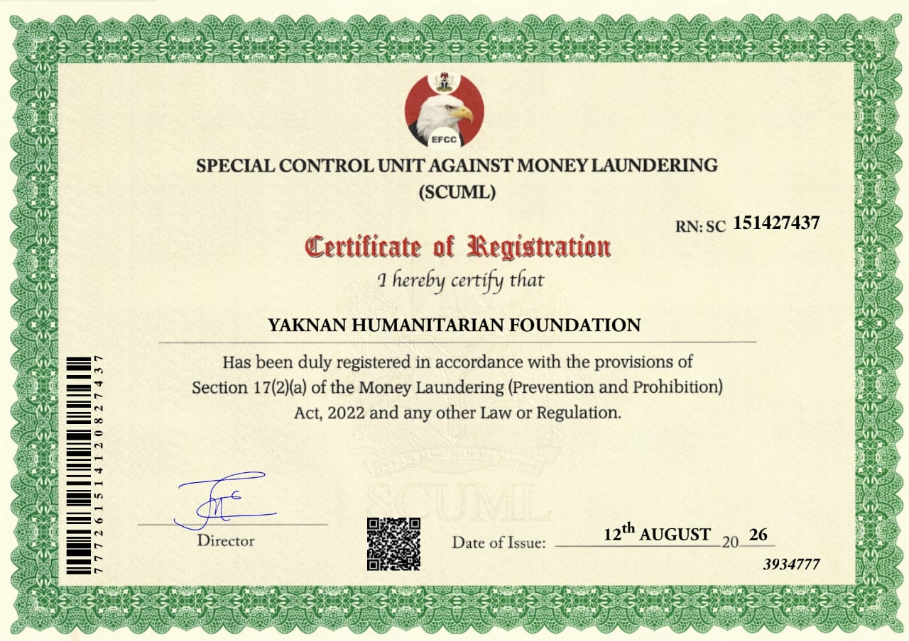 SCUML Certificate of Registration issued to Yaknan Humanitarian Foundation