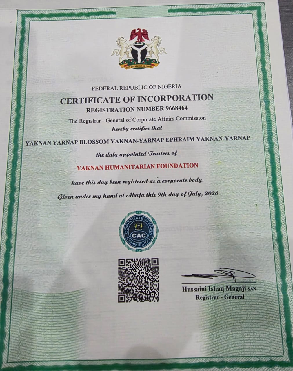 Certificate of Incorporation issued by the Corporate Affairs Commission to Yaknan Humanitarian Foundation